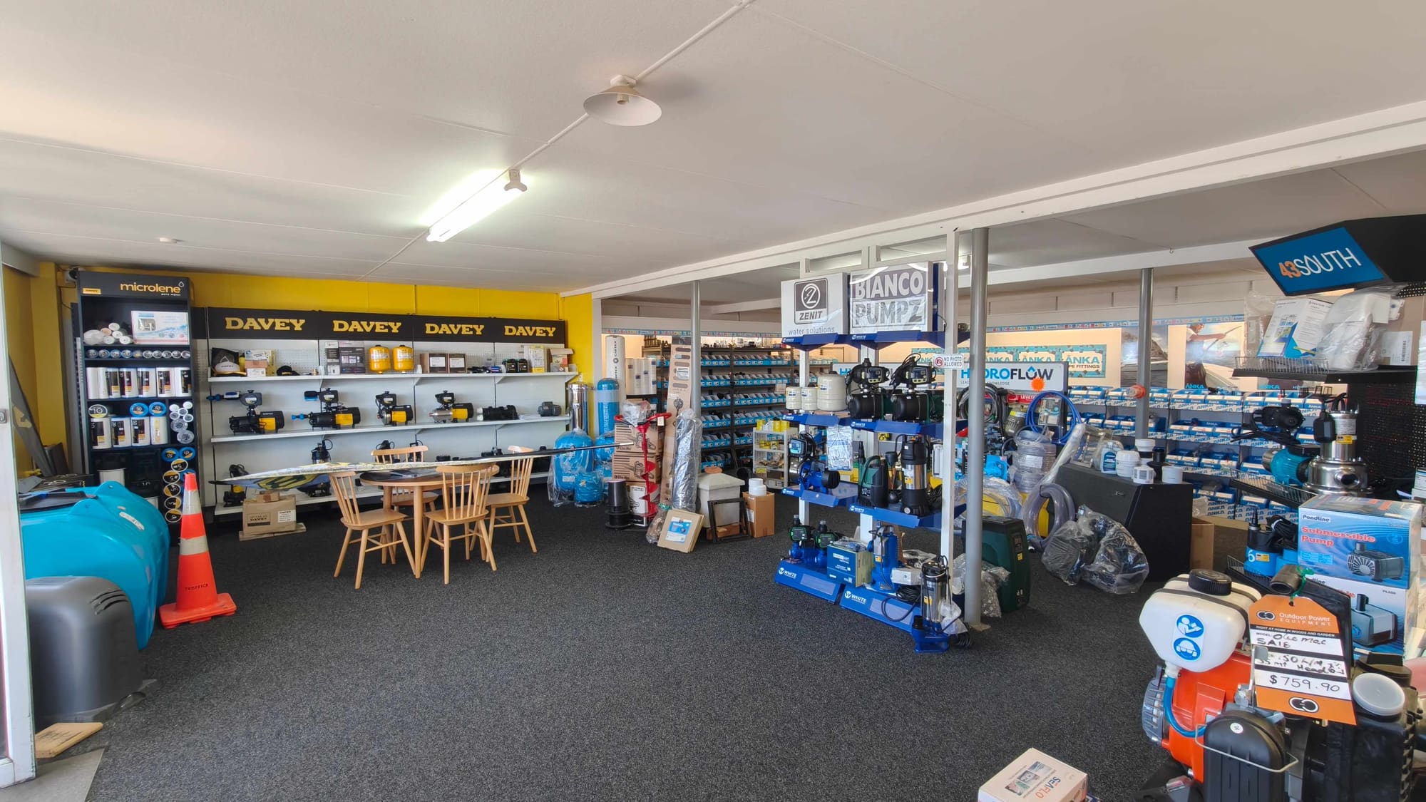 Inside the C & O Pumping showroom, stocked with Davey, Zenit and Bianco Pumpz water pumps